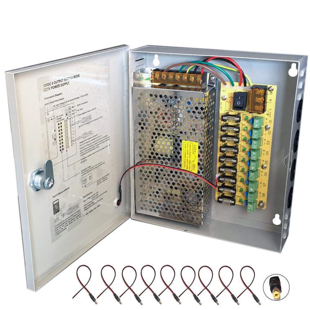 CCTV Power Supply Box, 9 Port Channel 10 A  Distribution Metal Fuse AC 110 -240V to DC 12V for Surveillance Camera