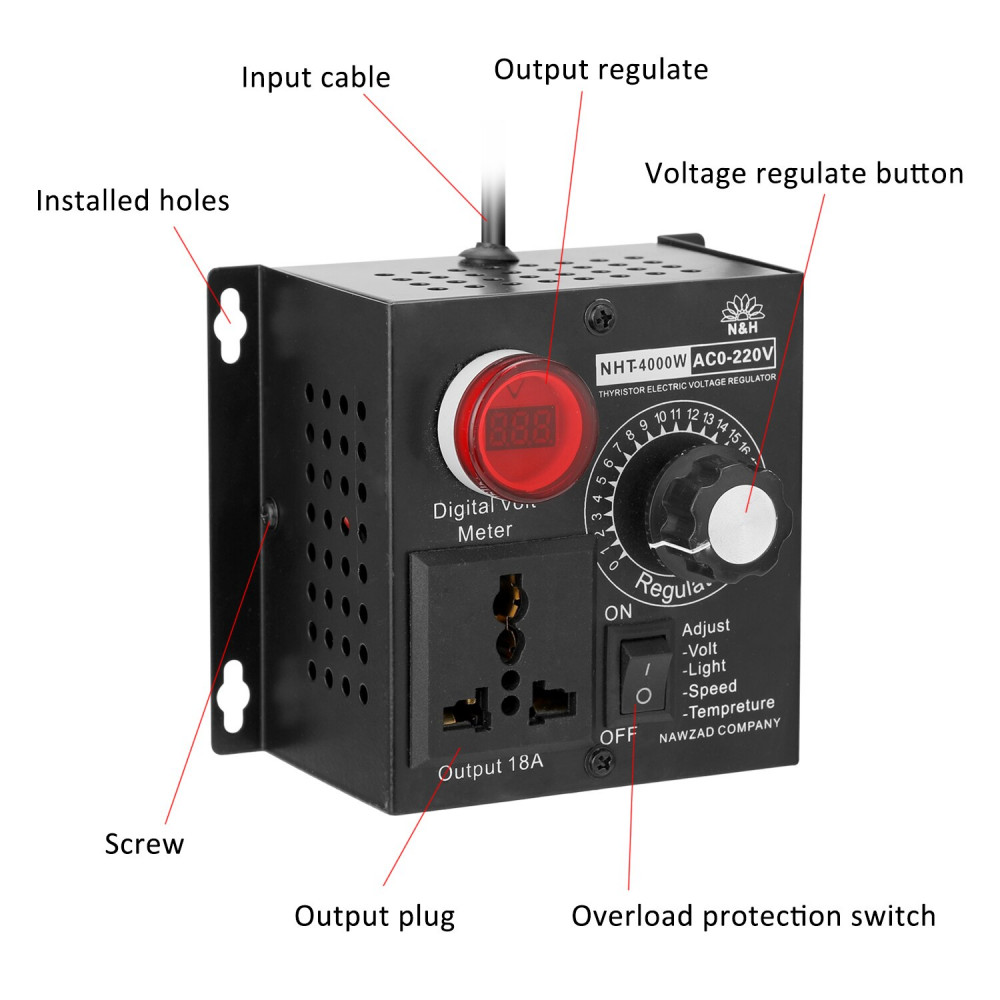4000W High Power Silicon Electronics Voltage Regulator Machinery Electric Variable Speed Controller AC 0V-220V