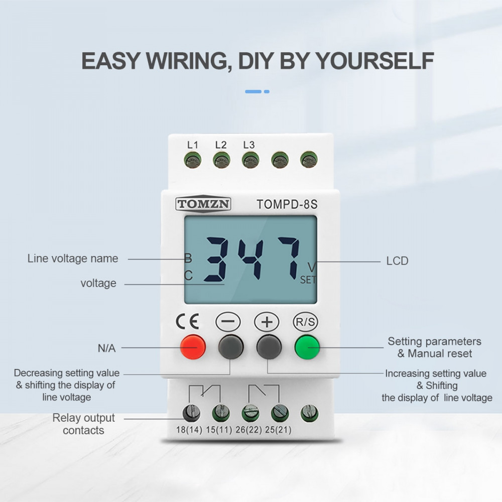 3 Phase Din rail adjustable Under Over Voltage Protector Voltage Monitoring Sequence Protection Relay Tomzn TOMPD-8S